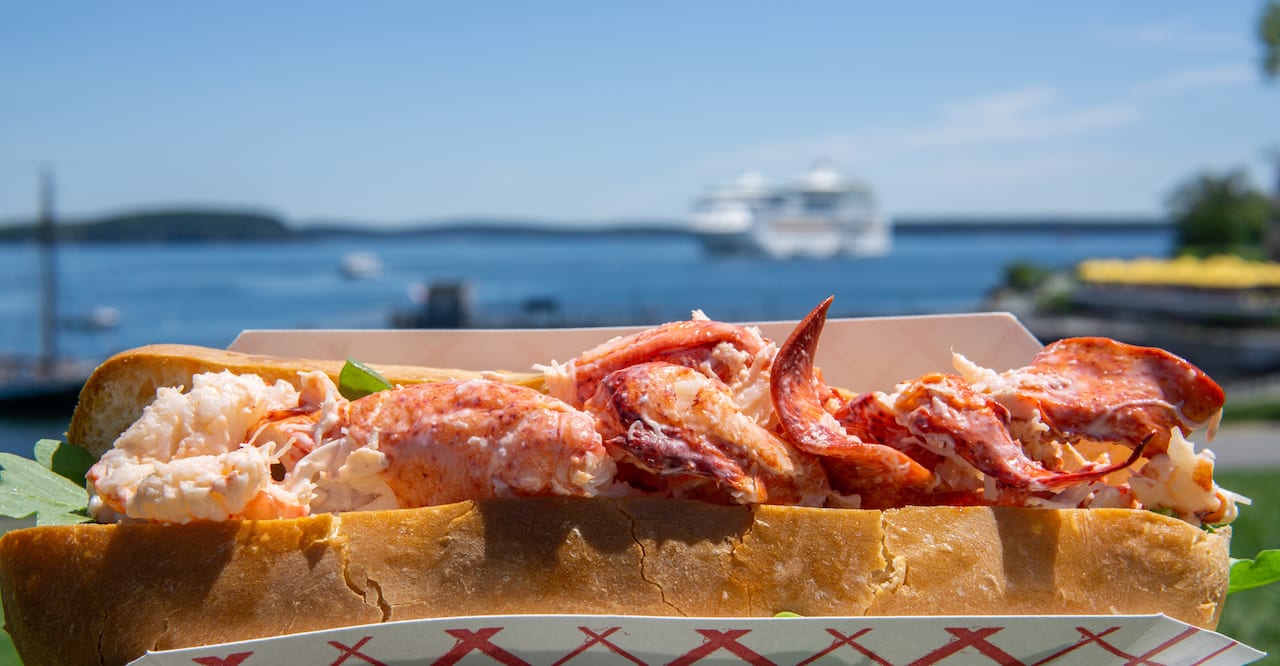 Fresh Maine lobster roll outdoor in front of the sea.